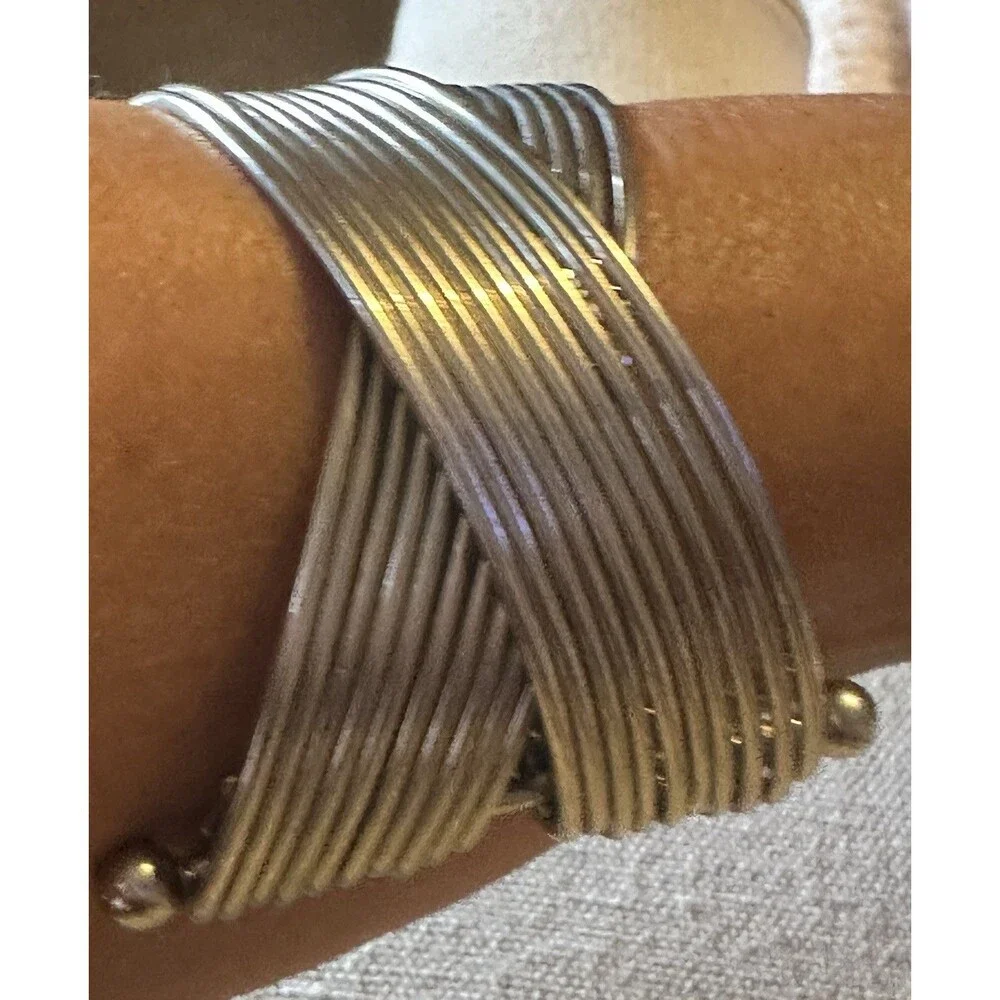 Silver Tone Multi Wire Wrap Cuff Bracelet Wide Open Crossover Statement